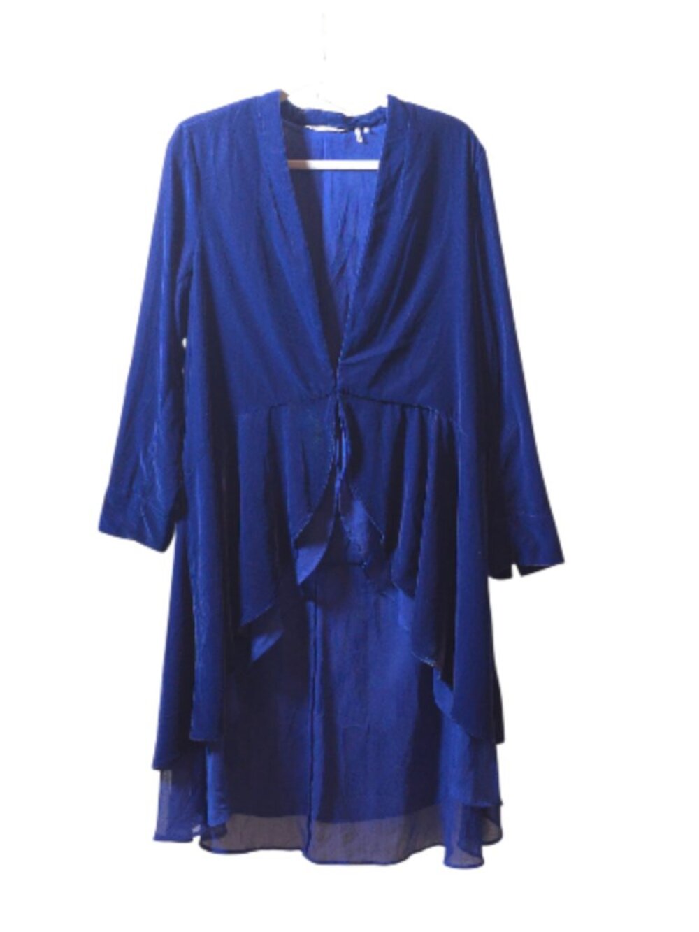Soft Surroundings Blue Velvet Trim Sheer Open Front Duster Cardigan Jacket M
